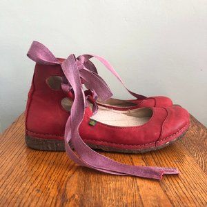 El Naturalista red ballet flat with ankle lace ups